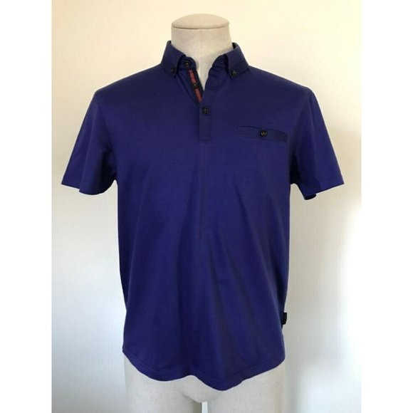 TED BAKER London Short Sleeve Polo Shirt Mens Size 4 Purple Red Trim - Picture 1 of 6